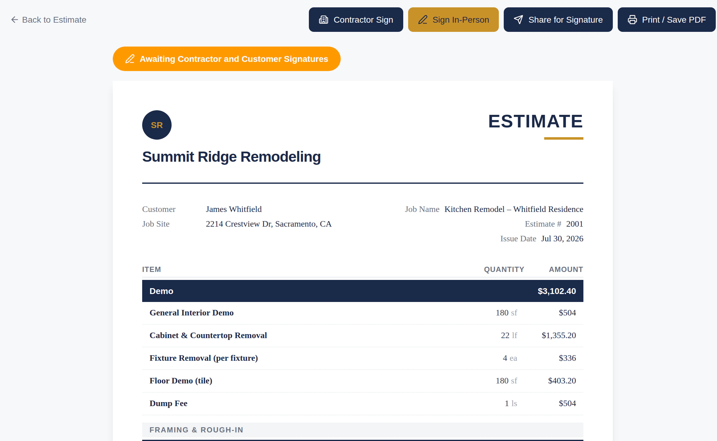 A kitchen remodel estimate ready for signature in Trade Tool