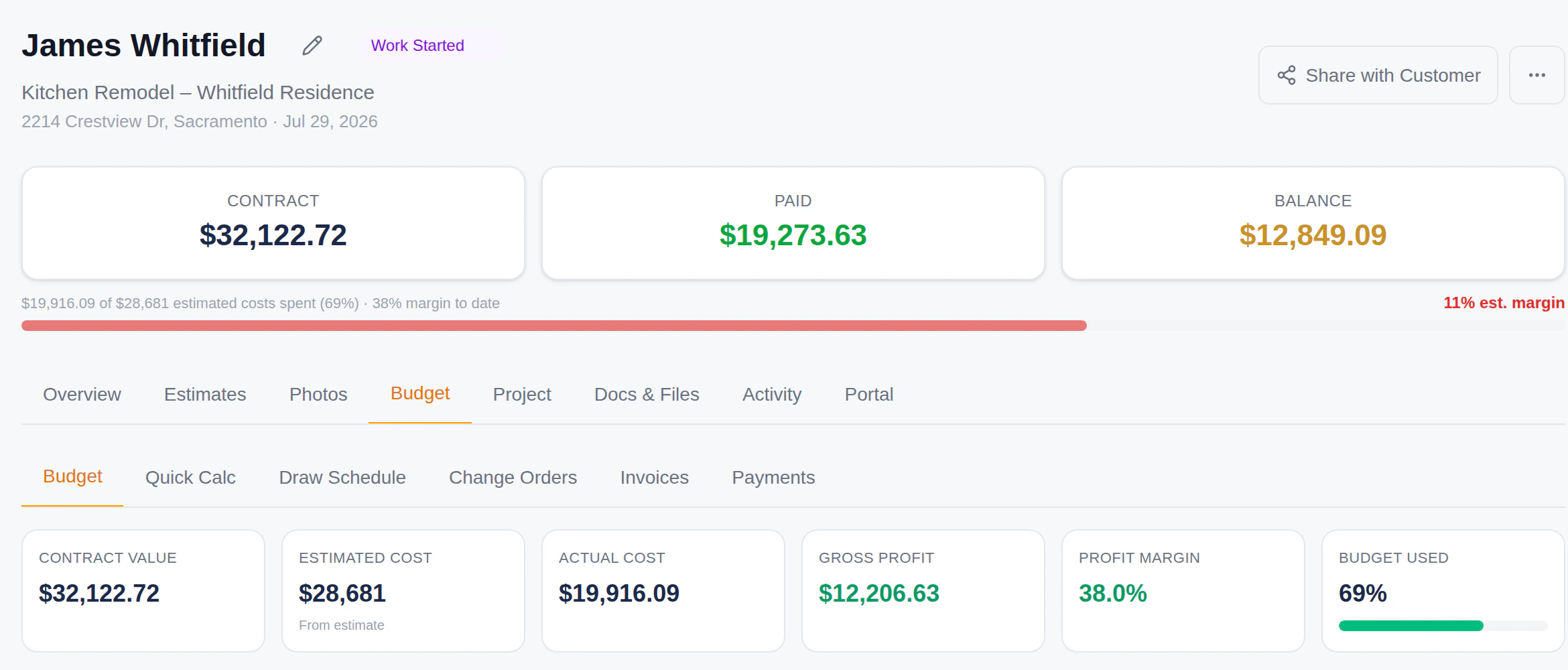 Job contract, paid, balance, costs, profit and margin in Trade Tool