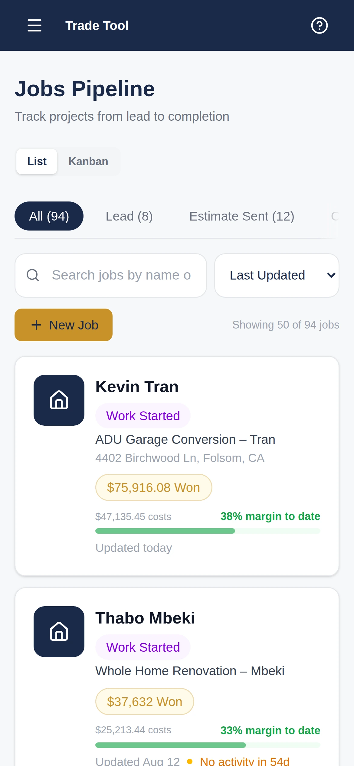 Trade Tool jobs list with job value and margin on a phone