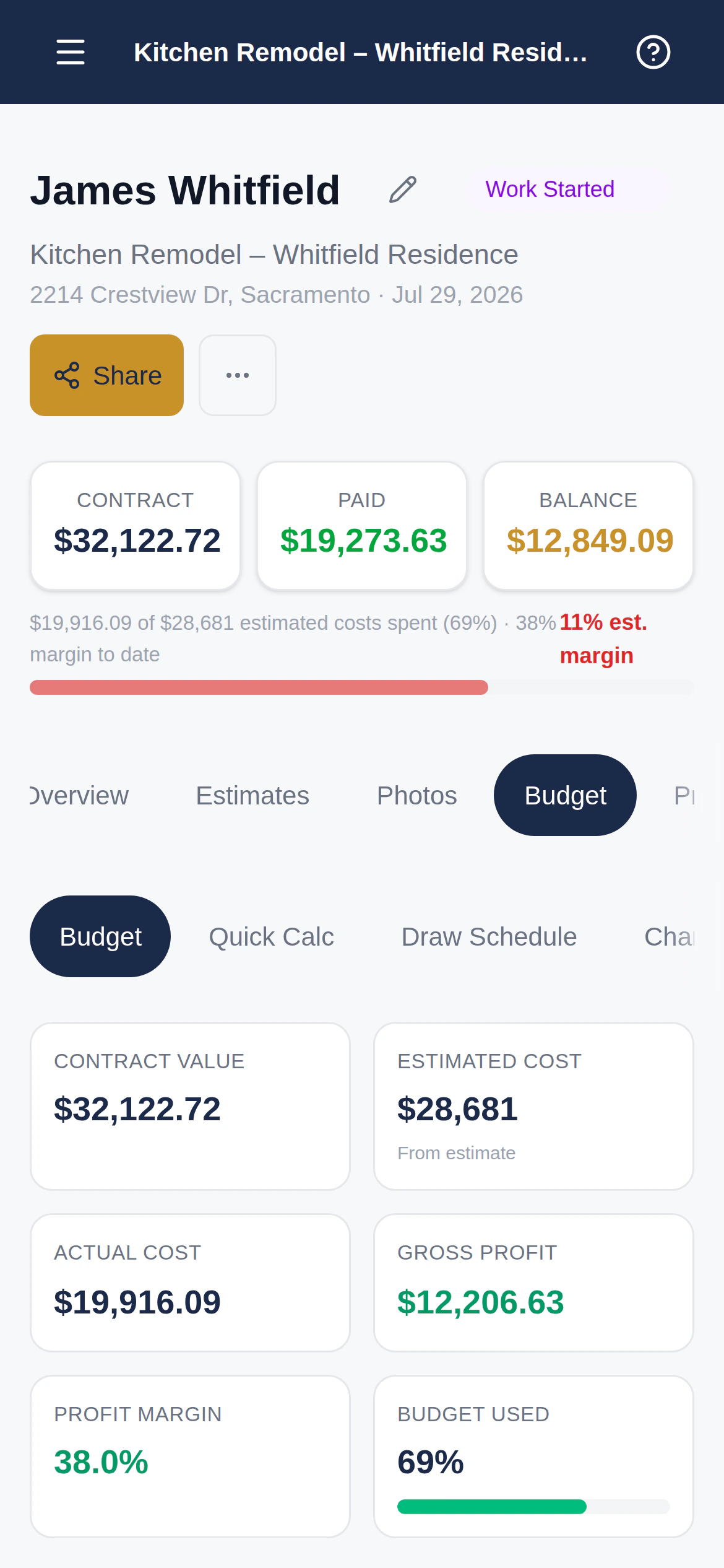 Job profit and margin on a phone